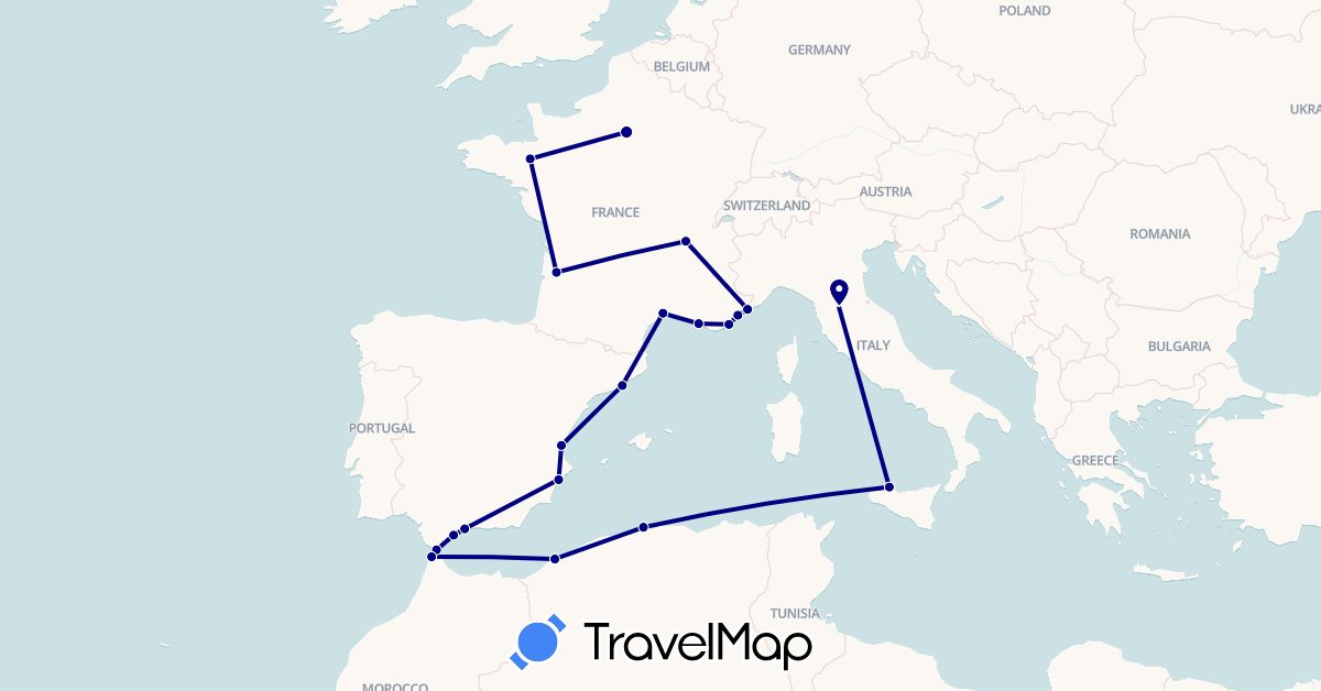 TravelMap itinerary: driving in Algeria, Spain, France, Italy, Morocco, Monaco (Africa, Europe)